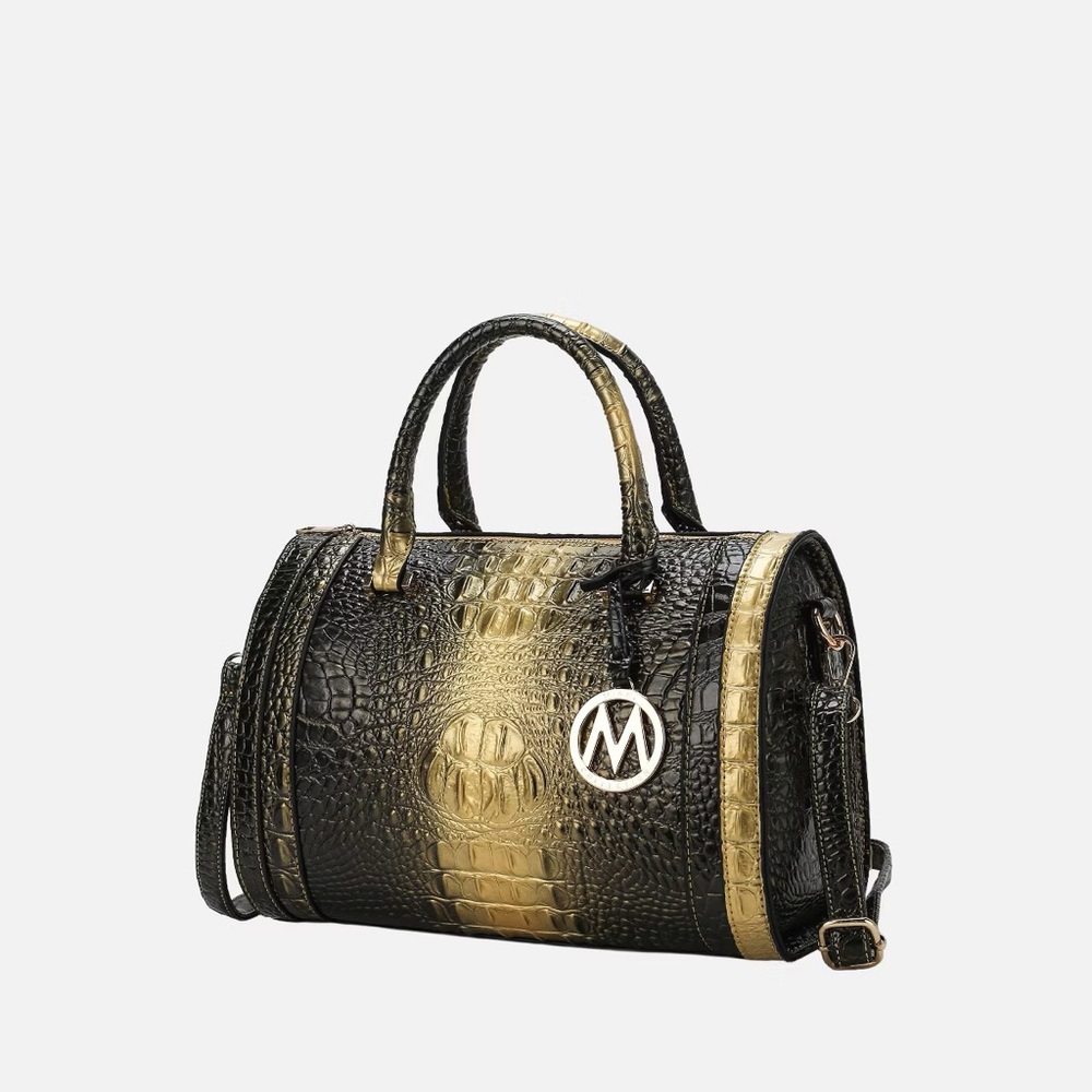 Gold and Black Croc-Embossed Handbag